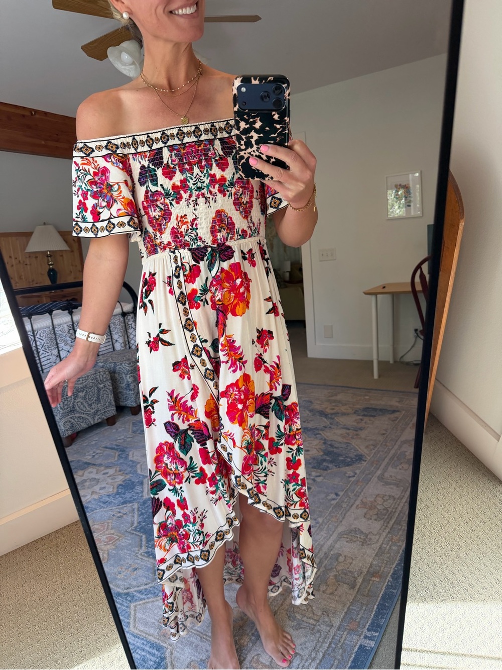 Floral Off-Shoulder High-Low Maxi Dress - White with Pink & Orange Bloom, Size L